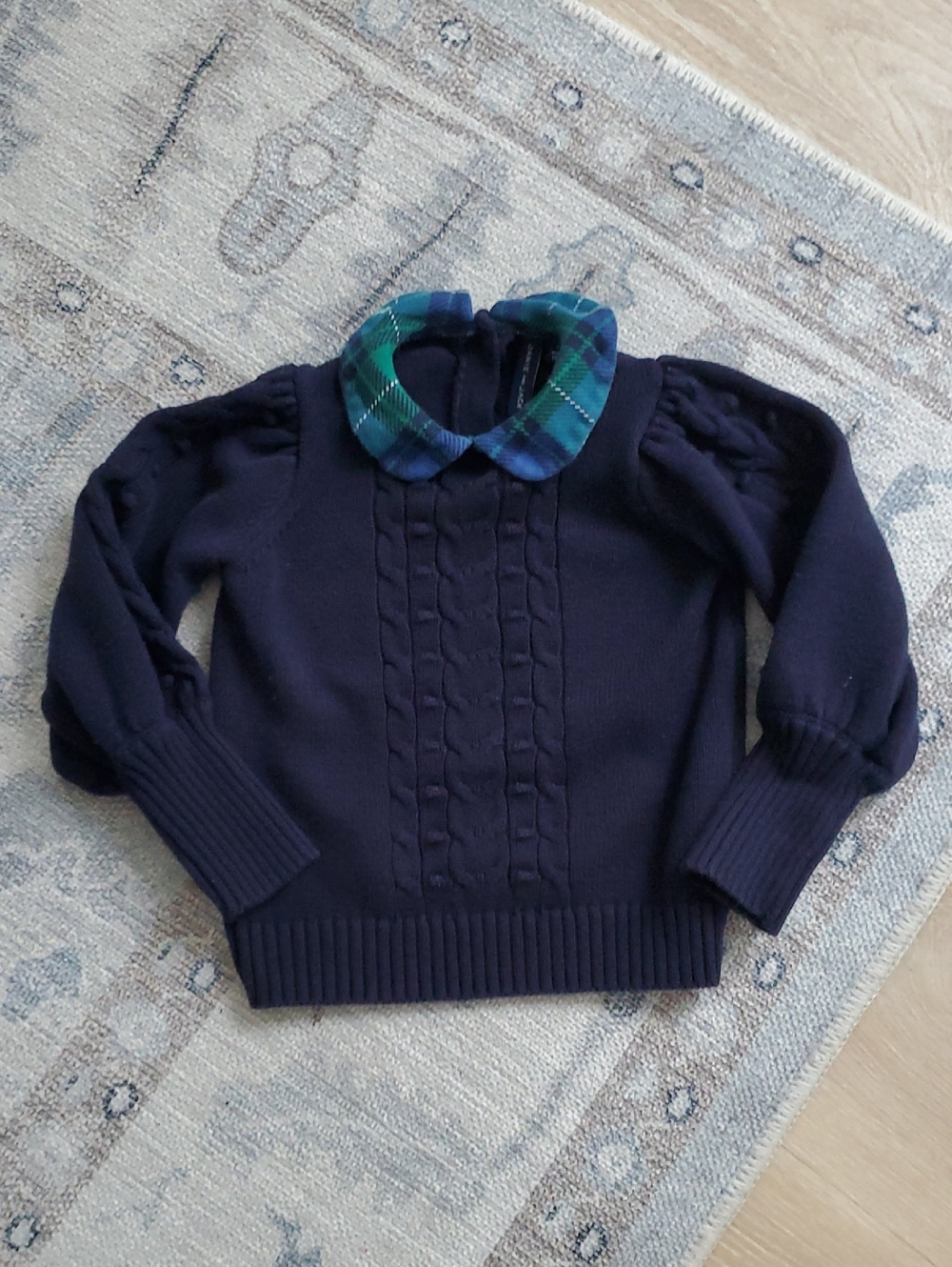 Janie and Jack Girls Cable Knit Tartan Collar Sweater Dark Marine Sz4